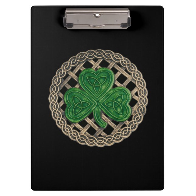 Shamrock negro en el portapapeles de nudos celtas (Anverso)