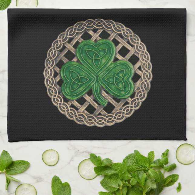 Shamrock negro sobre toalla de cocina de nudos cel (Doblado)