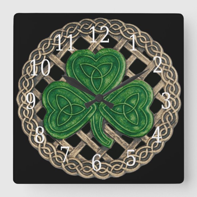 Shamrock negro y nudos celtas reloj cuadrado (Anverso)