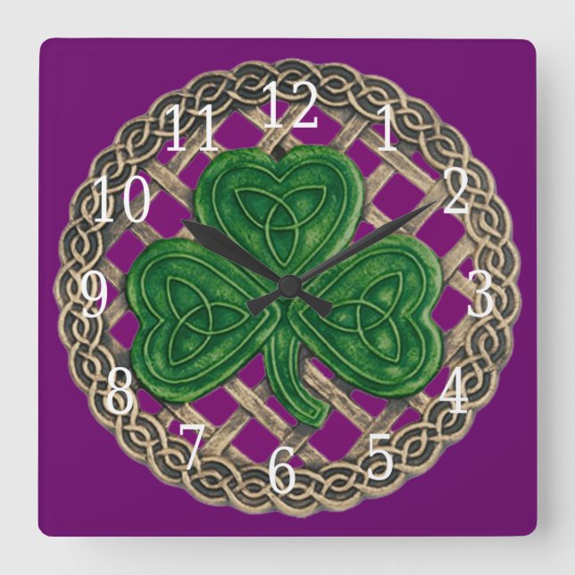 Shamrock Púrpura Y Reloj Cuadrado De Nudos Celtas (Anverso)