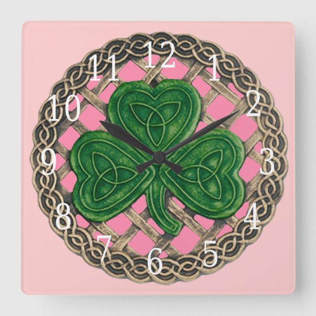 Shamrock rosa y reloj cuadrado de nudos celtas (Anverso)