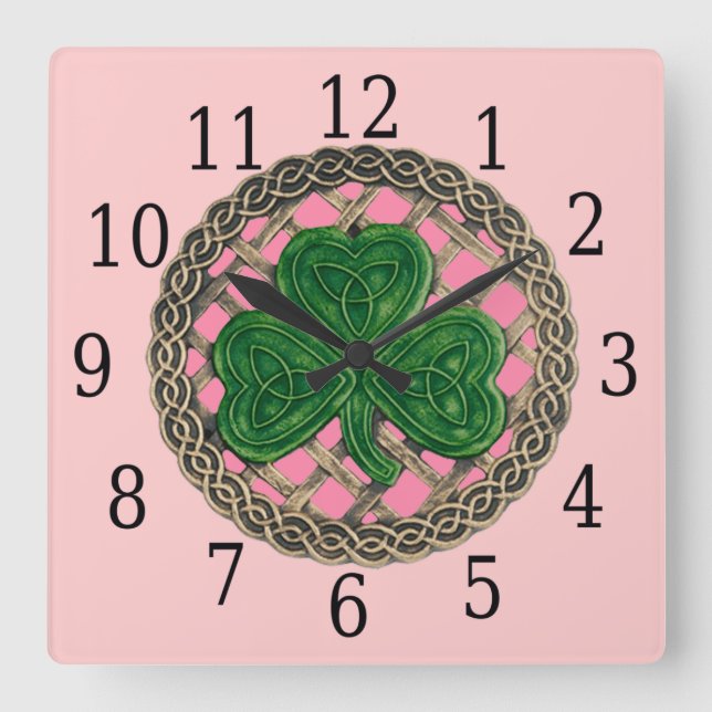 Shamrock rosa y reloj cuadrado de nudos celtas (Anverso)