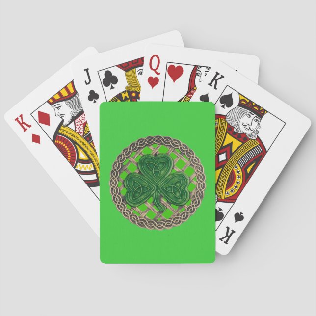 Shamrock verde sobre nudos celtas jugando cartas (Reverso)