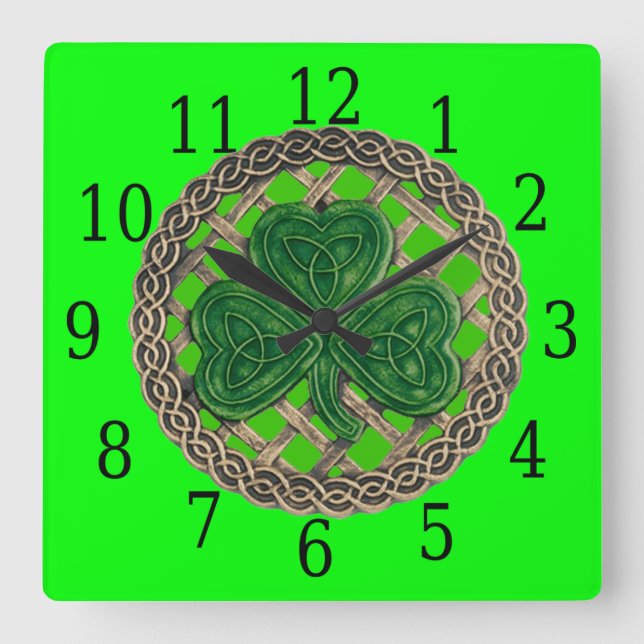 Shamrock verde y nudos celtas reloj cuadrado (Anverso)