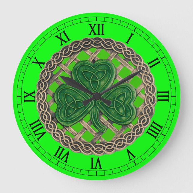 Shamrock verde y nudos celtas reloj numérico roman (Anverso)