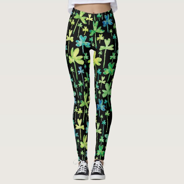 Shamrocks St. Patrick's Day Green Black Leggings (Anverso)