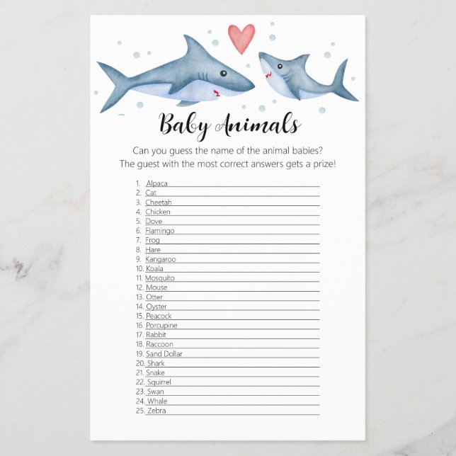 Shark Baby Shower Baby Animals Game Flyer (Frente)