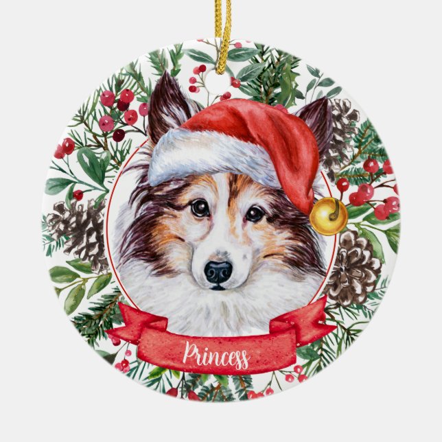Sheltie Dog Personalizado Santa Hat Ornamento de N (Frente)