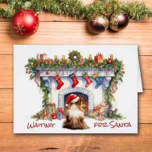 Sheltie Perro espera la chimenea de Santa Navidade