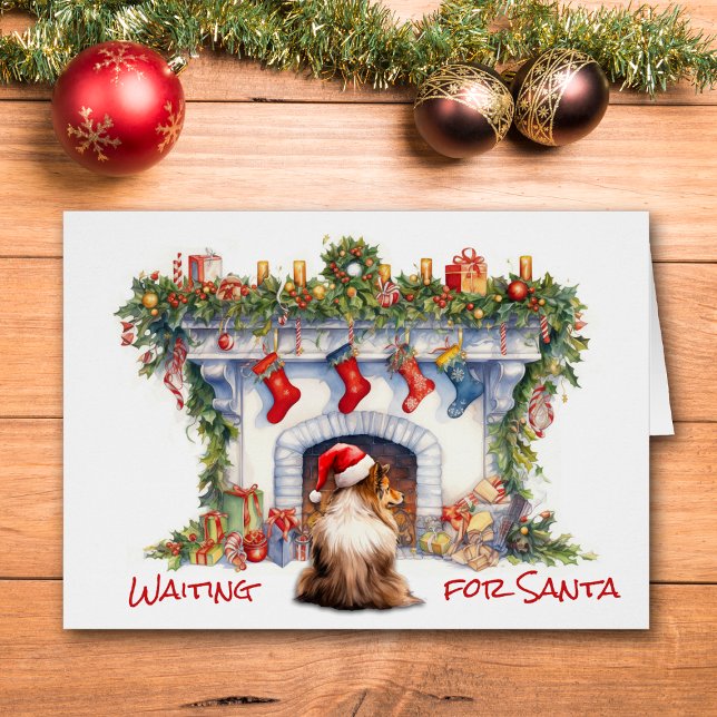 Sheltie Perro espera la chimenea de Santa Navidade (Subido por el creador)