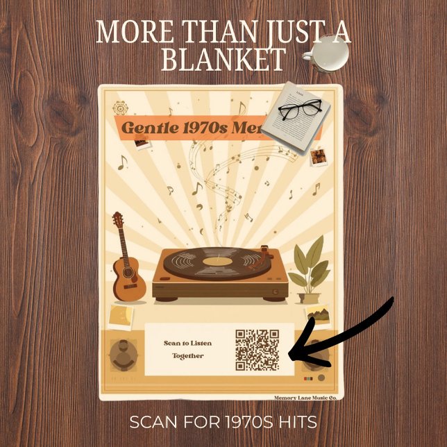 Sherpa Manta con Código QR Escaneable de Terapia Musical  (Retro 1970s music therapy themed blanket with a functional scannable QR code in the corner.)