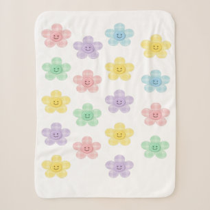 Sherpa Manta de Cuadros Pastel con Flores Sonrientes y Ad