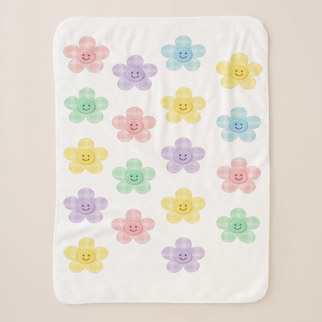 Sherpa Manta de Cuadros Pastel con Flores Sonrientes y Ad (Anverso)