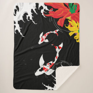 Sherpa Manta de diseño japonés - Estanque de Koi - negro