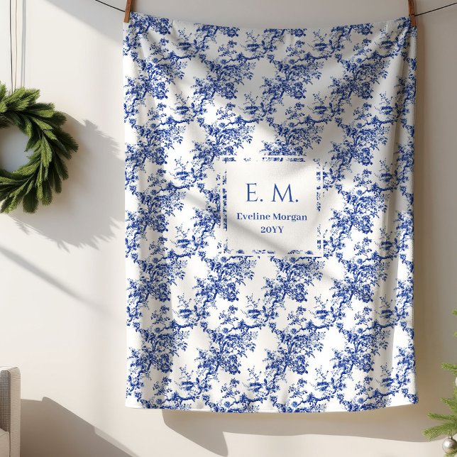 Sherpa Manta Personalizada de Toile Francés Floral Azul c (Personalized French Toile Floral Blue Blanket Gift)