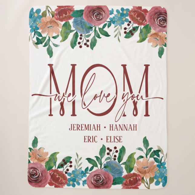 Sherpa Manta Personalizada para Mamá con Flores Rosadas (Anverso)