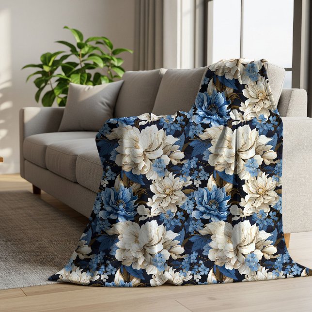 Sherpa Manta suave y acogedora con flores de marfil de mo (Trendy Blue Ivory Floral Cozy Soft Throw Blanket)