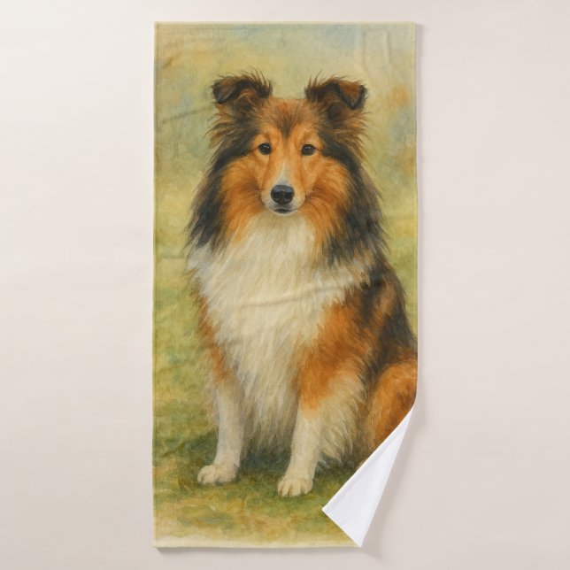 Shetland Sheepdog Sitting Watercolor  (Toalla de baño)