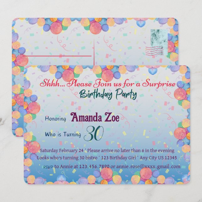 SHHH. Es una invitación de cumpleaños sorpresa (Anverso / Reverso)