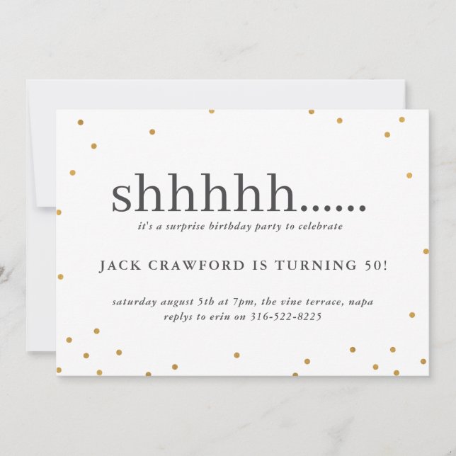 Shhhhh, invitación para fiesta de cumpleaños sorpr (Anverso)