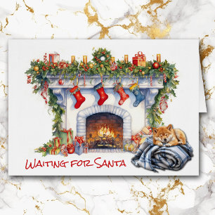 Shiba Inu cachorro espera la chimenea de Santa Luc