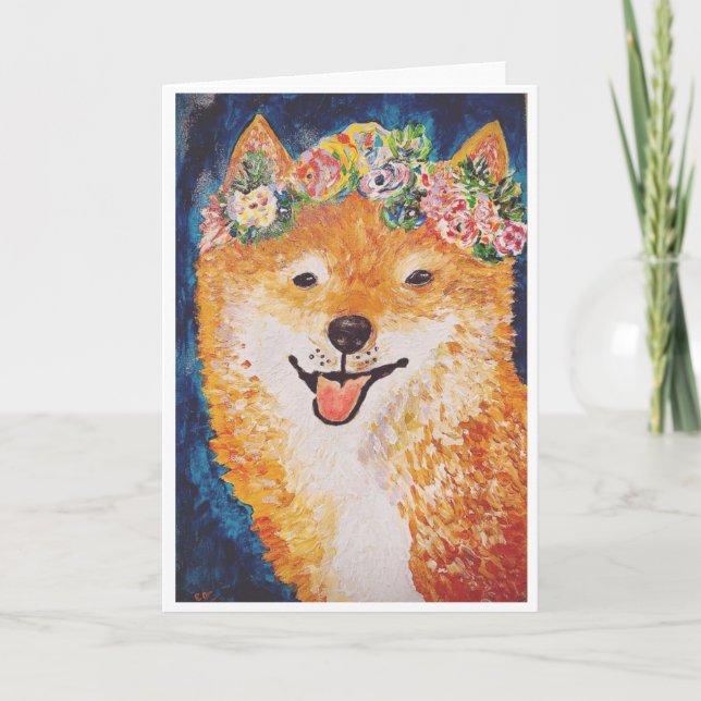 Shiba Inu con tarjeta de guirnalda de flores<Blank (Anverso)