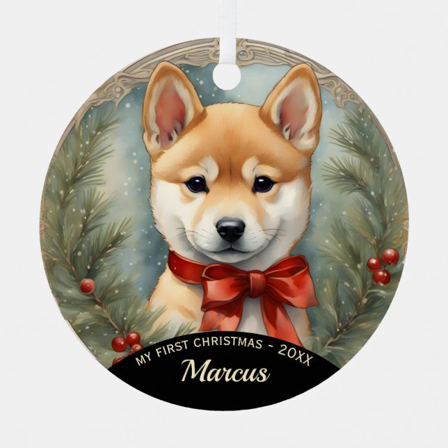 Shiba Inu Puppy Primer Ornamento De Navidad (Anverso)