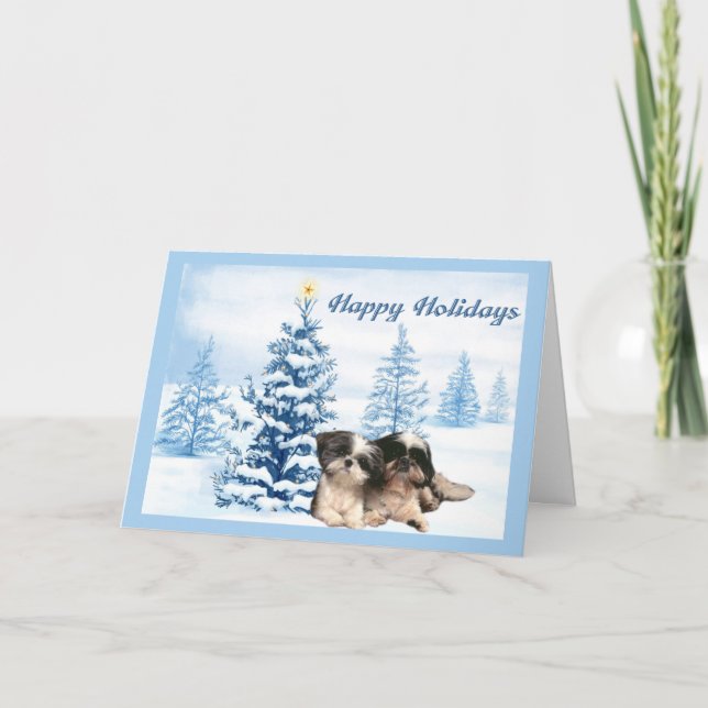 Shih Tzu Navidades tarjeta azul (Anverso)