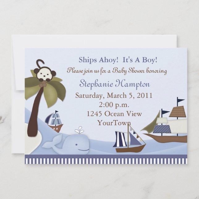 Ships Ahoy Baby Boy Shower Invitación (Anverso)