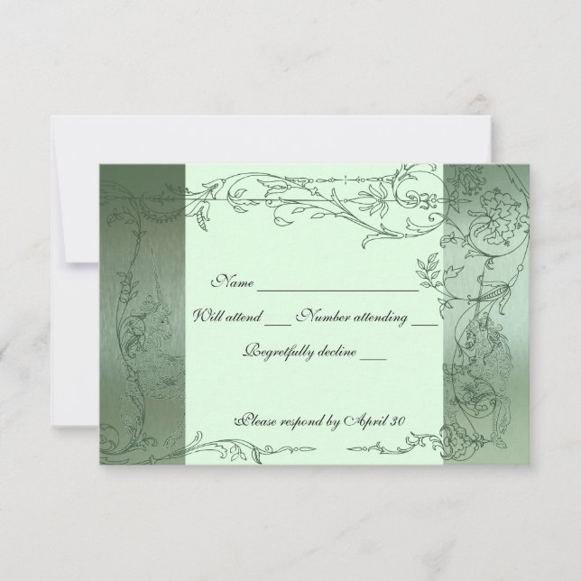 Shy Unicorn Green Metallic rsvp con sobres (Anverso)