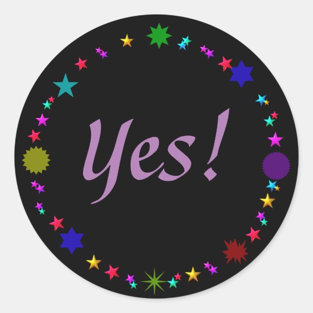 ¡Sí! en coloridas estrellas retro sobre Pegatinas  (Anverso)