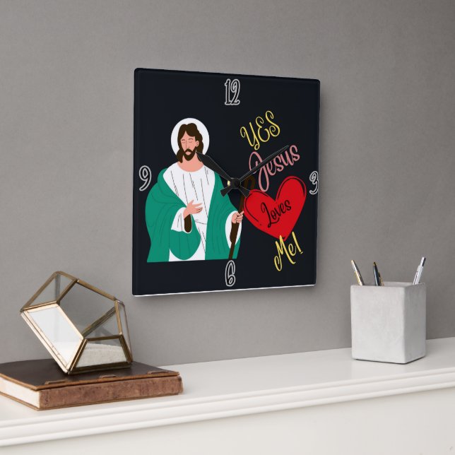 "¡Sí, Jesús me ama!" Reloj de pared cuadrado negro (Oficina)