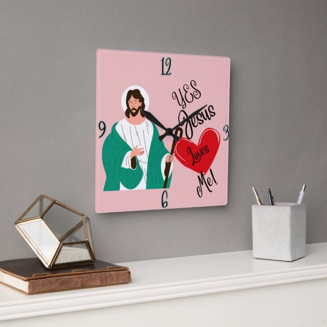 "Sí, Jesús me ama" Reloj de pared cuadrado rosa (Oficina)