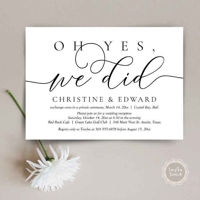 Sí, lo hicimos, Invitación de Boda Fugaz (Oh Yes, We Did, Wedding Elopement Dinner Invitation Card, PDF, Modern Romantic, in Black and White)
