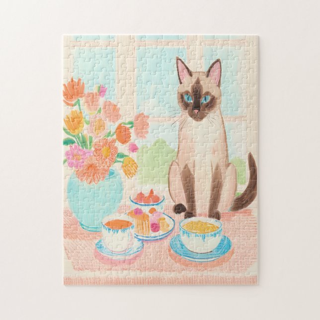 Siamese Cat & Tea Time Jigsaw Puzzle  (Vertical)