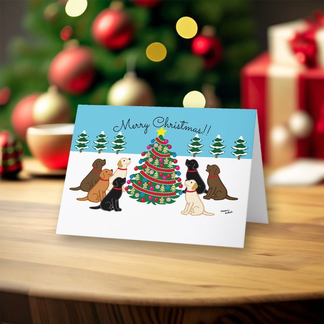Siete labradores y árboles de Navidad (Seven Labradors Christmas Card for Labrador Owners.  Chocolate, Black, Yellow Labs, Fox Red Lab.)