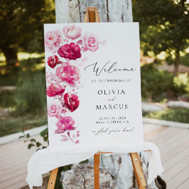 Signo de bienvenida de Boho Magenta Boda floral ro