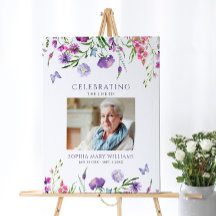 Signo de bienvenida funeral morado de flores silve