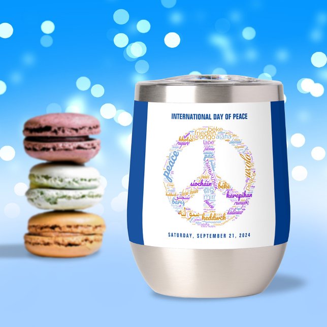 Signo de palabra de paz del Día Mundial de la Paz (World Peace Day Peace Sign Word Cloud Stainless Steel Wine Tumbler Cover Photo.)