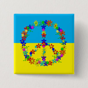 Signo de paz con flores, botón de bandera ucranian
