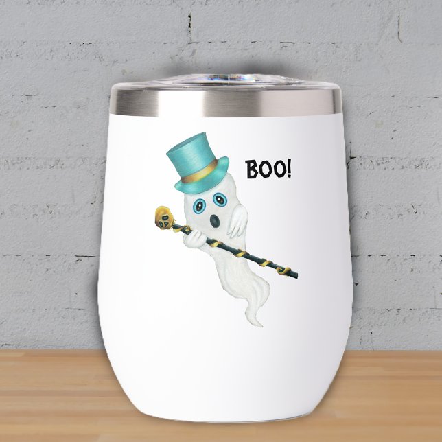 Silencioso Fantasma Azul Ojos Top Hat Cañón de oro (Fun white ghost blue top hat fancy black cane with gold skull on Halloween wine or drink tumbler.)