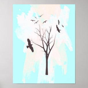 Silhouette de árbol con pájaros - Impresión Poster
