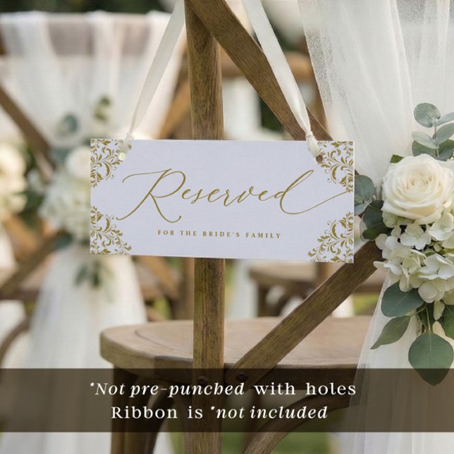 Silla Reservada o Letrero de Fila de Boda de Oro E (Elegant vintage gold wedding reserved card to hang on chairs - Ribbon not included.)