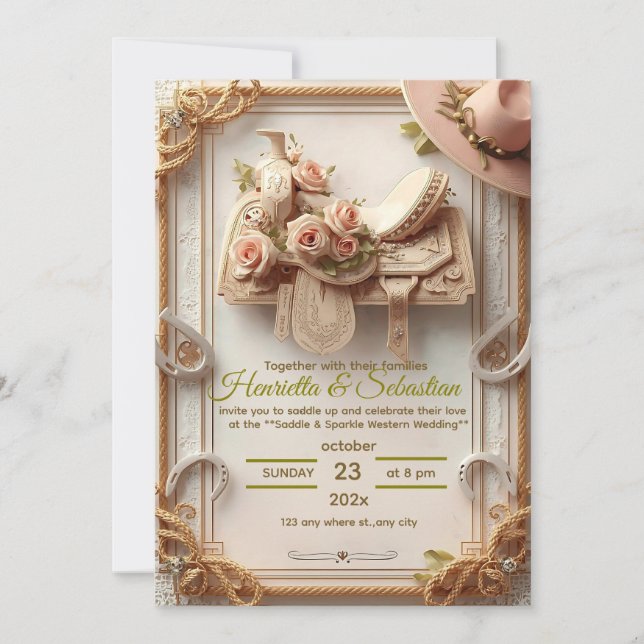 Silla y brillo – Invitación de boda rústica occide (Anverso)