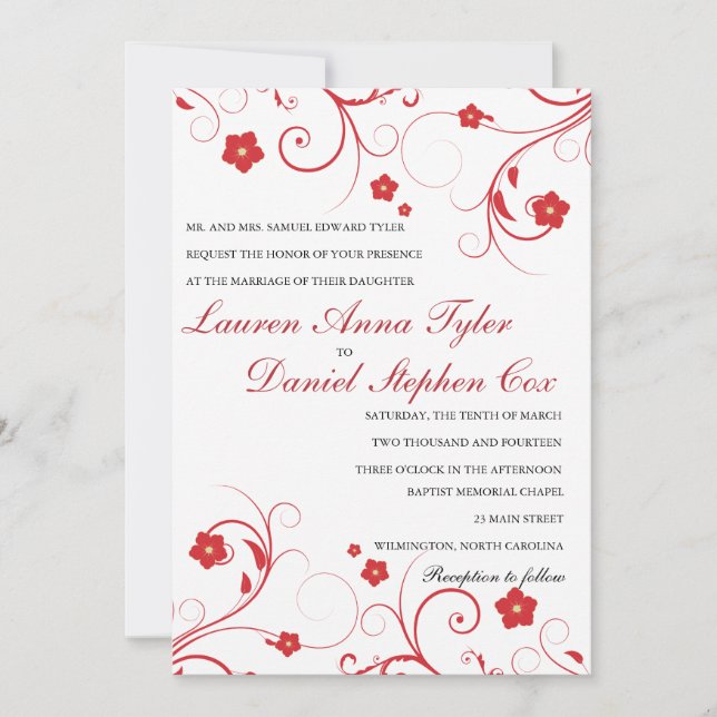 Sillas rojas y flores invitaciones a la boda (Anverso)