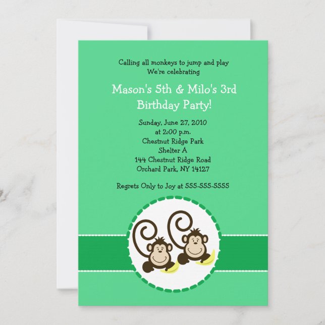Silly Monkey Trendy 2 niños Invitación de cumpleañ (Anverso)