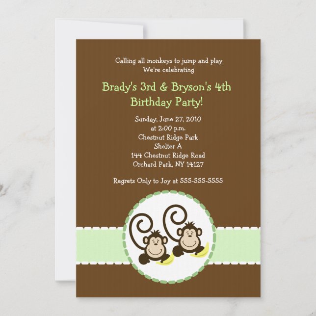 Silly Monkey Trendy 2 niños Invitación de cumpleañ (Anverso)