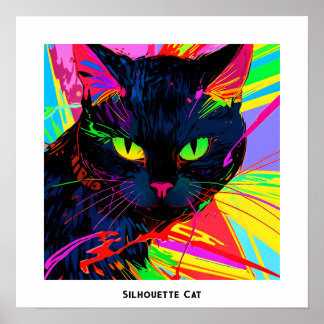 Silueta de gato negro abstracto y colorido arte po