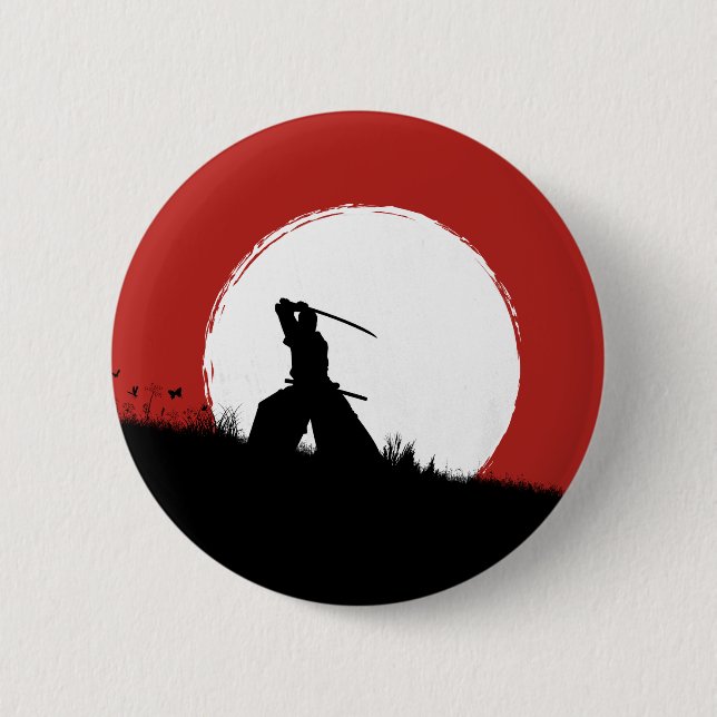 Silueta de guerrero samurái japonés Pin de botón d (Anverso)
