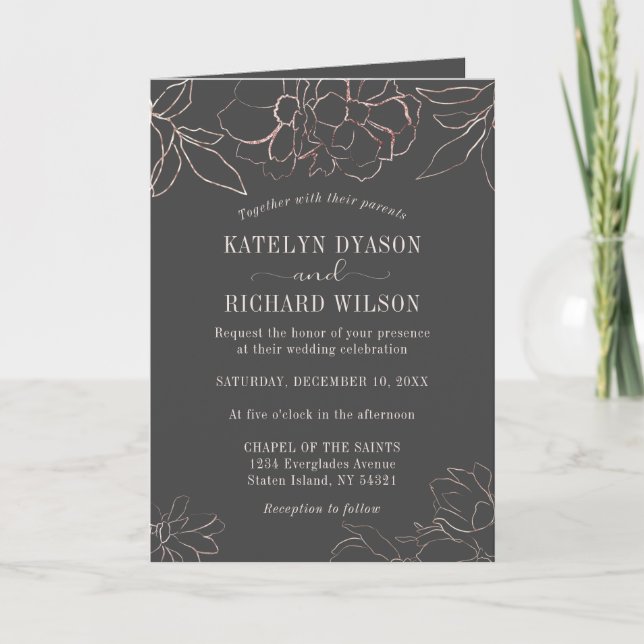 Silueta floral de oro Rosa Boda Invitación (Anverso)